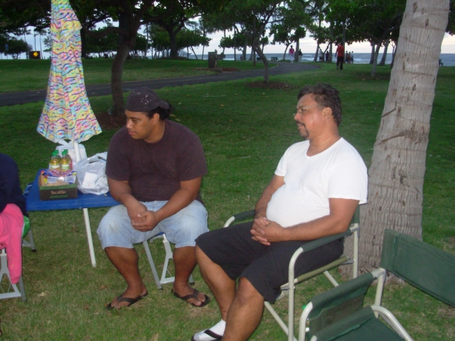 George and Brandon Hanohano hangout at Ala Moana Beach.
Kipeni>Rowena>Rhonda-Lei and George Hanohano>Brandon.